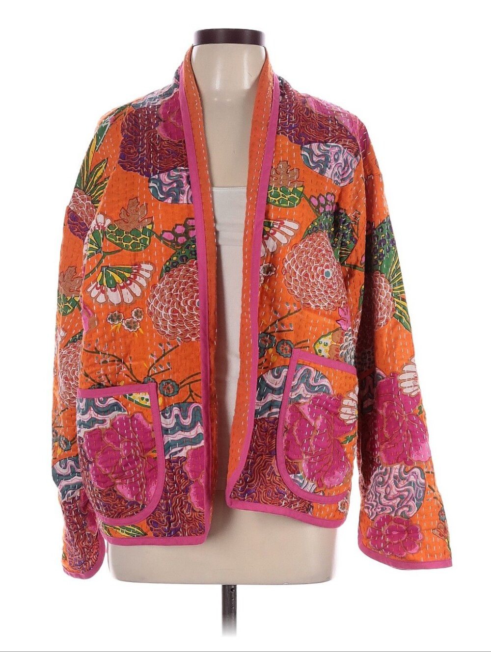 Vibrant Orange & Pink Floral Tropical Kantha Cotton Quilted Jacket Large